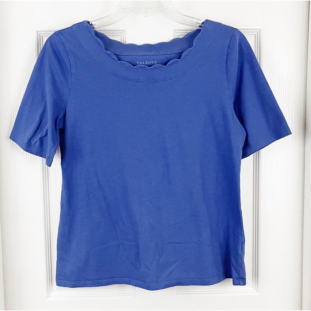 TALBOTS - Blue Scalloped Neck Short Sleeve Pima Cotton Knit T-Shirt Top size S